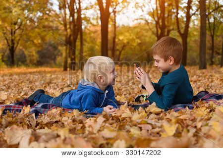 Two Little Brothers Take Pictures Of Each Other, Lying In Yellow Autumn Leaves. Fall Day