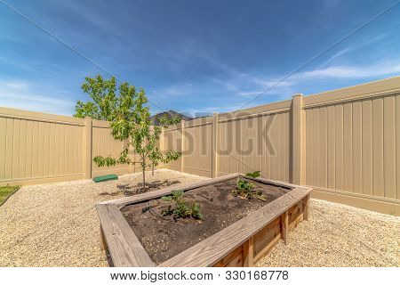 Close Up Of A Raised Garden Bed Beside A Young Tree At The Backyard Of A Home