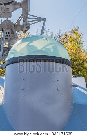 Daejeon, South Korea; October 27, 2019: Plexiglass Dome Covering The Slewing Sight On Battleship Gun