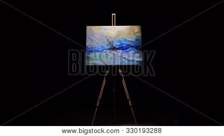 Artist Copyist Paint Seascape With Ship In Ocean. Craftsman Decorator Draw As Boat Sail On Blue Sea.