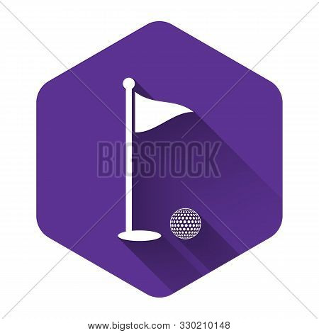 White Golf Ball And Hole With Flag Icon Isolated With Long Shadow. Golf Course. Ball And Flagstick I