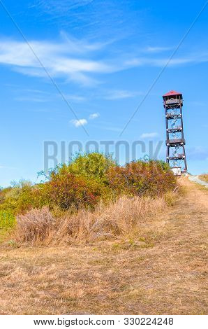 Colorful Fall Landscape By Picturesque Village Pritluky In South Moravia, Czechia. Lookout Tower In 