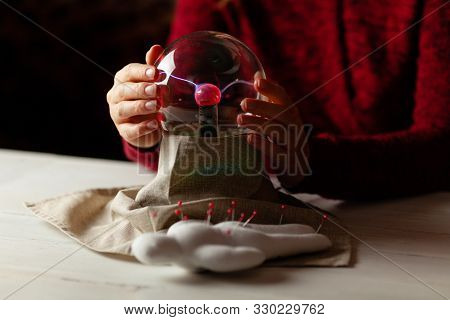 Seer With Magic Ball Performs Ritual. Psychic Vision, Fortune Teller.