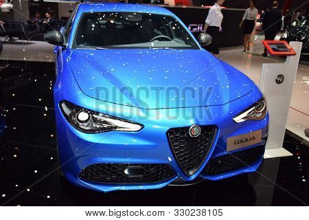 Geneva, Switzerland - March 04, 2019: Alfa Romeo Giulia Geneva International Motor Show 2019