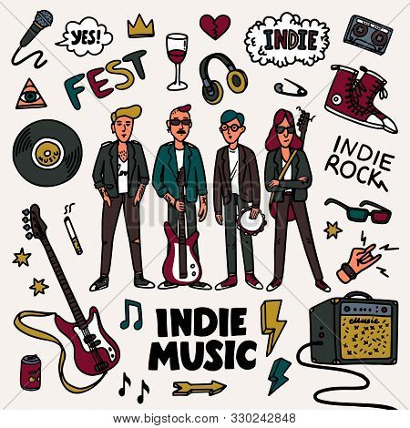 Indie Rock Music Set. Illustration Of Musicians And Related Objects Such As Guitar, Sound Amplifier,