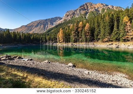Autumn Time At Romantic Forest Lake Obernberg One Of The Best Known Mountain Lakes In Austria, Tyrol