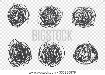 Black Tangled Knots Vector Illustrations Set. Circle Shaped Ink Brush Strokes, Grunge Scribbles Pack