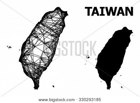 Net Vector Map Of Taiwan. Wire Frame Flat Network In Eps Vector Format, Geographic Template For Patr