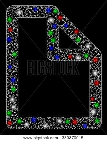 Bright Mesh Document Page With Glare Effect. White Wire Frame Triangular Network In Vector Format On
