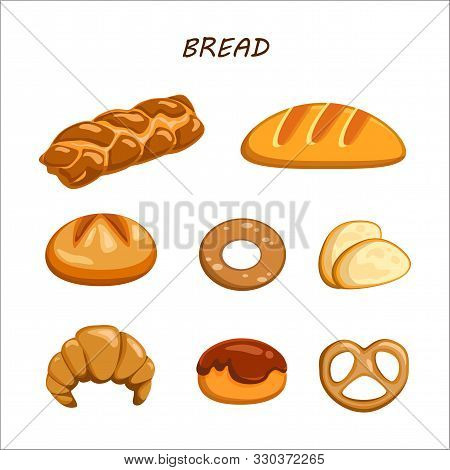 Bakery And Pastry Products Icons Set With Various Sorts Of Bread, Rye, Whole Grain And Wheat Bread S