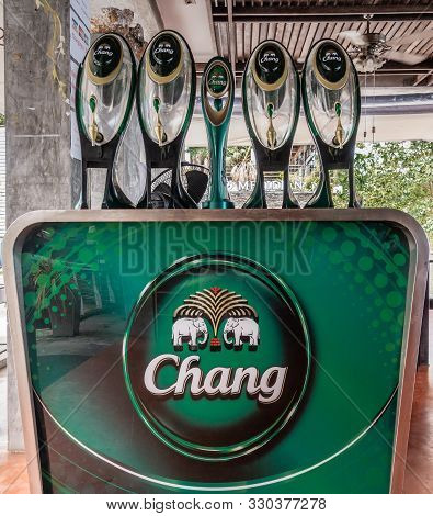 Ko Samui Island, Thailand - March 18, 2019: Closeup Of Green Bar Tap-installation With Multiple Hand