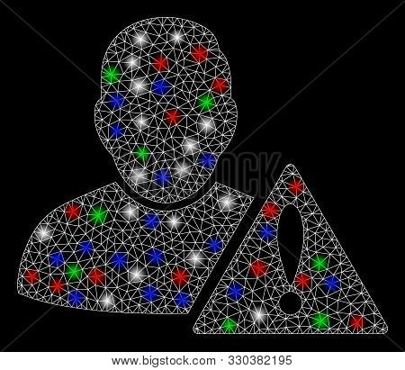 Bright Mesh User Error With Glare Effect. White Wire Frame Triangular Mesh In Vector Format On A Bla