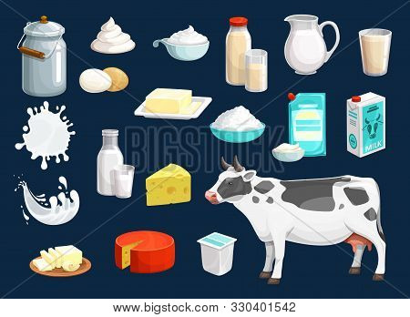 Milk Product Vector Icons Of Dairy Food And Drink Design. Yogurt Bottle, Glass And Cheese, Cow Anima