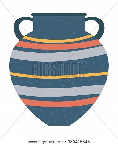 Striped Crockery Container With Handles, Isolated Vase Or Vessel. Earthenware Craft, Retro Cup. Anci