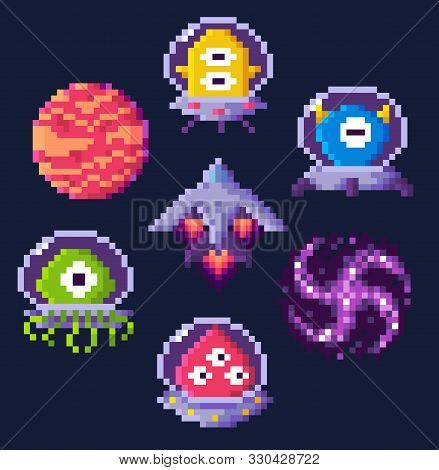 Pixel Game Icons Vector, Planet And Spaceship, Aliens In Uniforms In Video-game. Hourglass And Butto