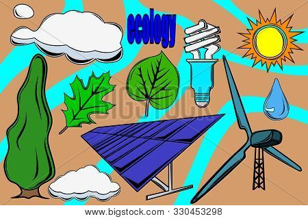 The Image Of The Various Elements Associated With The Purity Of Ecology. Alternative Energy Sources 