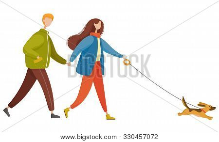 Woman And Man On Date, Play With Dog Outdoor Vector. Couple Walking Together With Pet On Leash, Acti