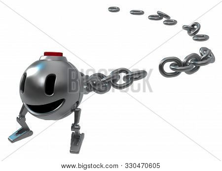 Bomb Robot Happy Cartoon Character With Chain, 3d Illustration, Horizontal, Isolated