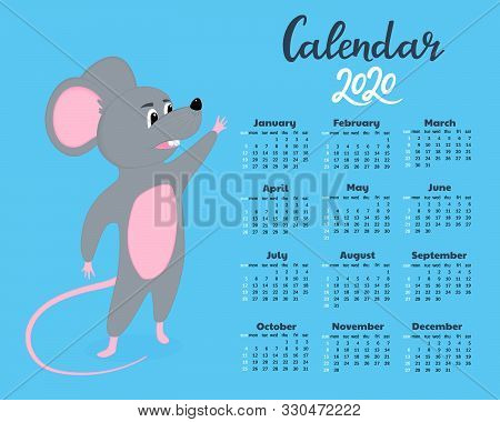 Funny Cartoon Rat. Calendar For 2020 From Sunday To Saturday.