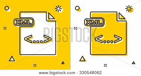 Black Xml File Document. Download Xml Button Icon Isolated On Yellow And White Background. Xml File 