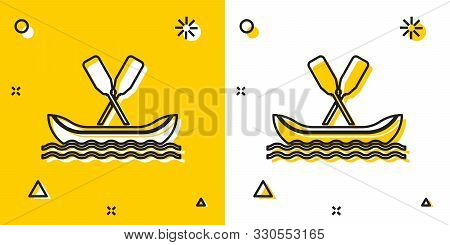 Black Rafting Boat Icon Isolated On Yellow And White Background. Kayak With Paddles. Water Sports, E