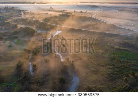Sunset Aerial Atmospheric View On River In Ural Russia. Drone Photography