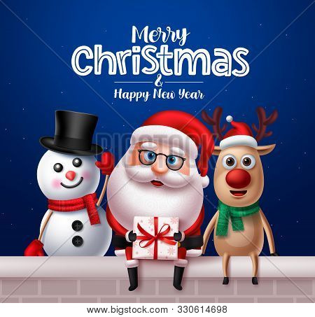 Christmas Santa Claus Characters Greeting Card Design. Santa Claus, Reindeer And Snowman Vector Char