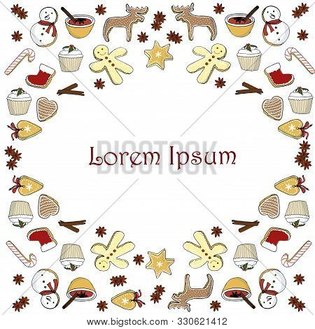 Christmas And Winter Different Desserts Background On White. Hand Drawn Color Stock Vector Illustrat