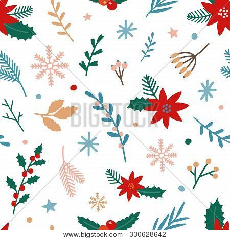 Traditional Xmas Plants Flat Vector Seamless Pattern. Mistletoe, Poinsettia, Winterberry On White Ba