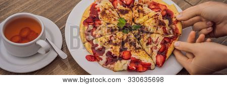 Woman Eating Delicious Strawberry Pizza On A Balinese Tropical Nature Background. Bali Island, Indon
