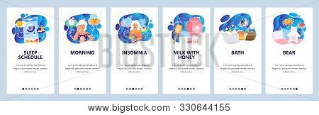Mobile App Onboarding Screens. Sleeping Problems, Insomnia, Evening Bath, Bear, Morning, Sleep Time.