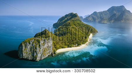 Drone Aerial Panorama Image Of Helicopter Island In The Bacuit Bay In El Nido, Palawan, Philippines 