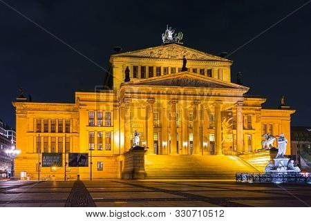 Berlin, Germany - 15 Mar, 2015: View Of Famous Gendarmenmarkt Square At Night. Concert Hall (konzert