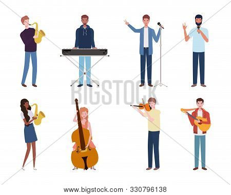 Group Of Young People Playing Musical Instruments Vector Illustration Design