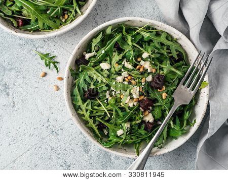 Beetroot, Aragula And Soft Cheese Salad Over Gray Background. Top View Or Flat Lay. Copy Space For T