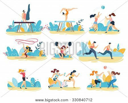 Professional Sportive People Performing Flat Set. Cartoon Men And Women Characters Taking Part In Ac