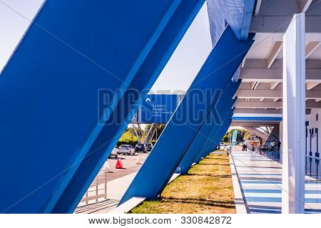 Trieste, Italy - 09-15-2019: Entrance Of The Trieste Airport With The Departure Gate, Security Contr