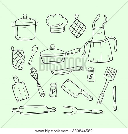Doodle Vector Kitchen Set Include Cooking Equipment. Vector Illustration