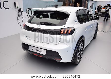 Geneva, Switzerland - March 05, 2019: Peugeot E-208 Allure - Geneva International Motor Show 2019