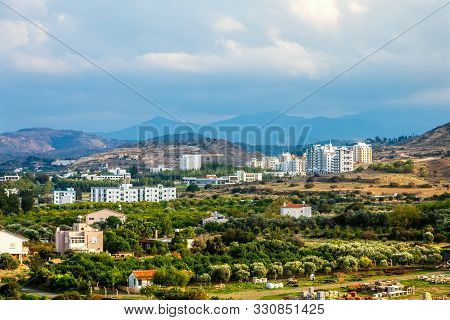 Lefka City Center With Modern Buildings And Green Residential Suburbs, Northern Cyprus