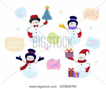 Cute Snowman Character Set For Christmas Card, Greetings, Hobby. Funny Snowmen In Hats And Scarves, 