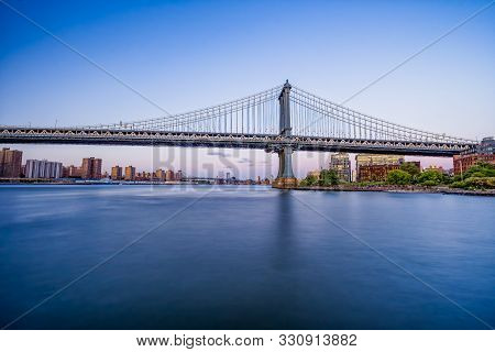 Beautiful Sunset View Of Manhattan Bridge, View From Dumbo Area In Brooklyn