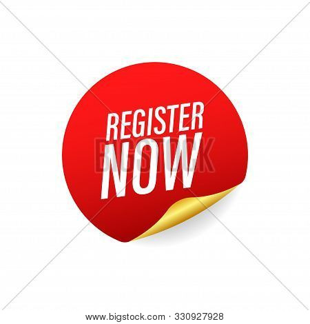 Red Register Now Sticker On White Background. Vector Stock Illustration.