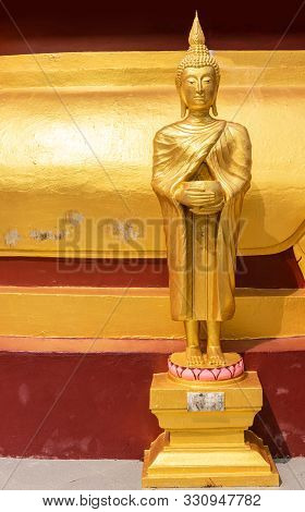 Ko Samui Island, Thailand - March 18, 2019: Wat Phra Yai Buddhist Temple On Ko Phan. Closeup Of Sad 