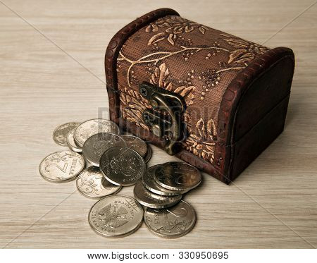 Small Chest Of Russian Ruble Coins Close Up