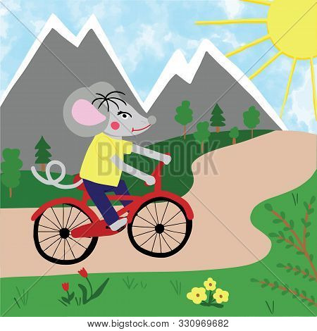 Rat Or Mouse Rides A Bicycle On The Country Road, Mountains And Trees On Background. Cartoon Style D