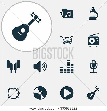 Multimedia Icons Set With Headset, Guitar, Gramophone And Other Timbrel Elements. Isolated Illustrat