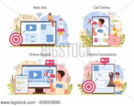 Marketer Online Service Or Platform Set. Marketing Strategy And Communucation