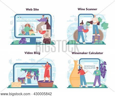 Wine Maker Online Service Or Platform Set. Grape Wine In A Barrel