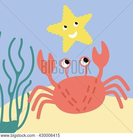 A Red Crab With Claws And A Starfish Play On The Seabed.  The Short-tailed Crayfish And The Yellow S